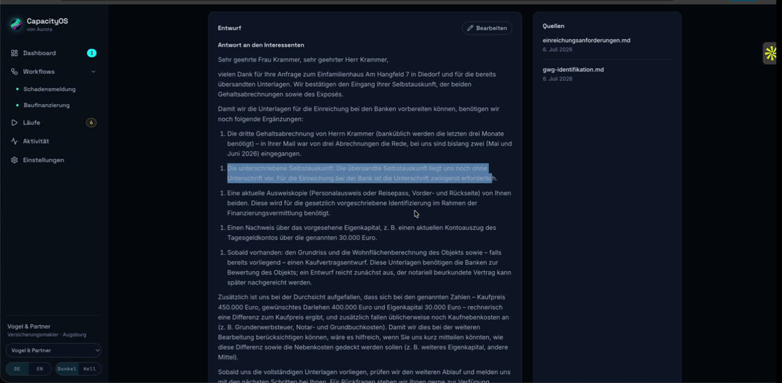 CapacityOS cockpit showing a financing-enquiry draft reply